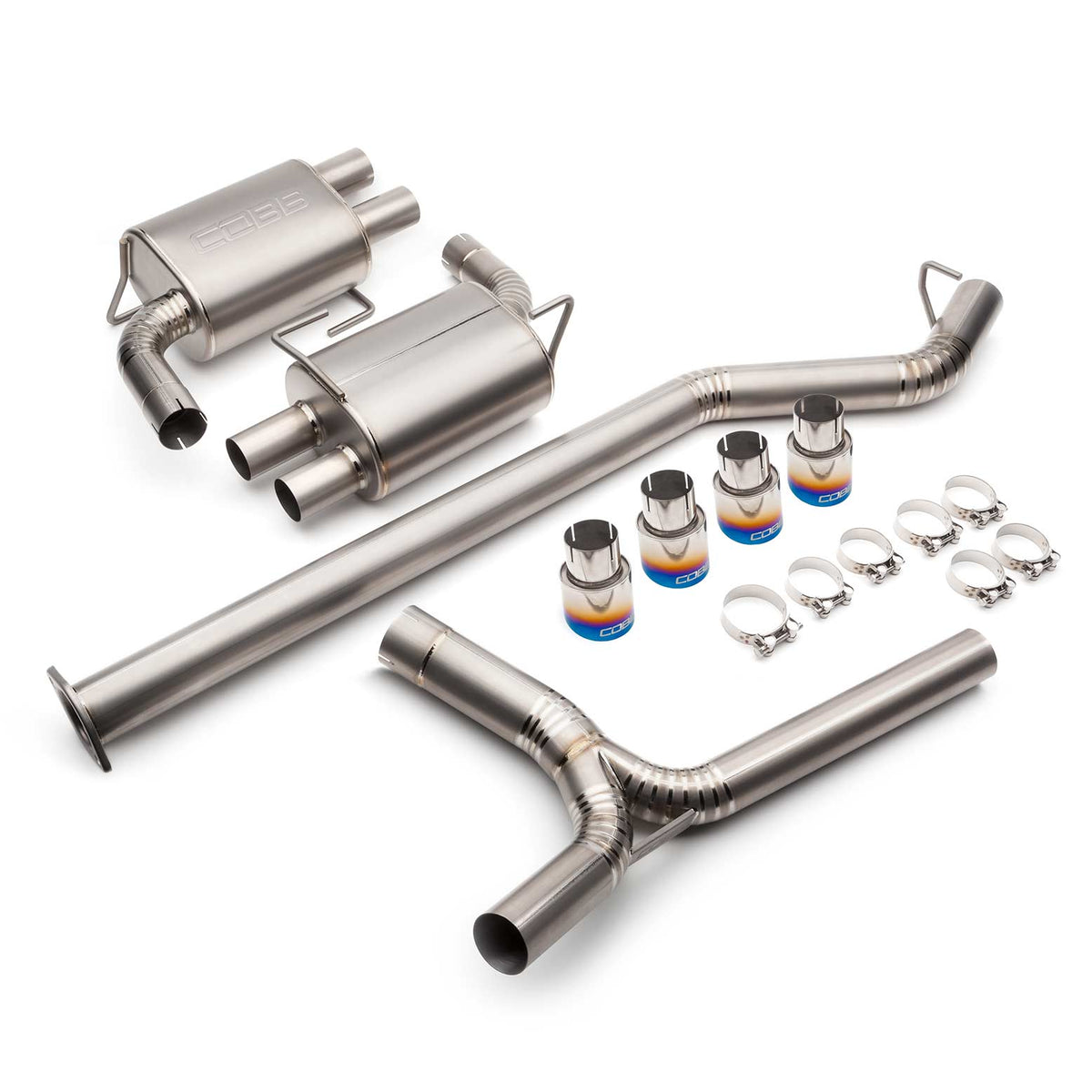 COBB titanium cat-back exhaust – Subaru WRX VB – full kit with four blued tips and clamps laid out