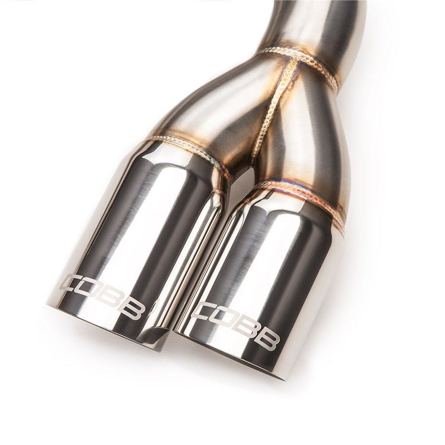 COBB quad-tip cat-back exhaust – Mitsubishi Lancer Evolution X – polished twin tips with COBB logos