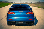 COBB quad-tip cat-back exhaust – Mitsubishi Lancer Evolution X – fitted, rear view of blue Evo - Cobb Tuning Thumbnail