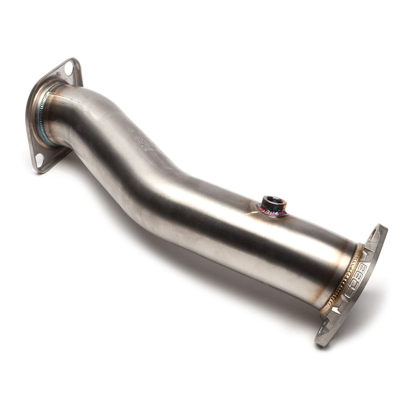 COBB downpipe – Mitsubishi Lancer Evolution X – stainless downpipe with O2 bung, angled view - Cobb Tuning