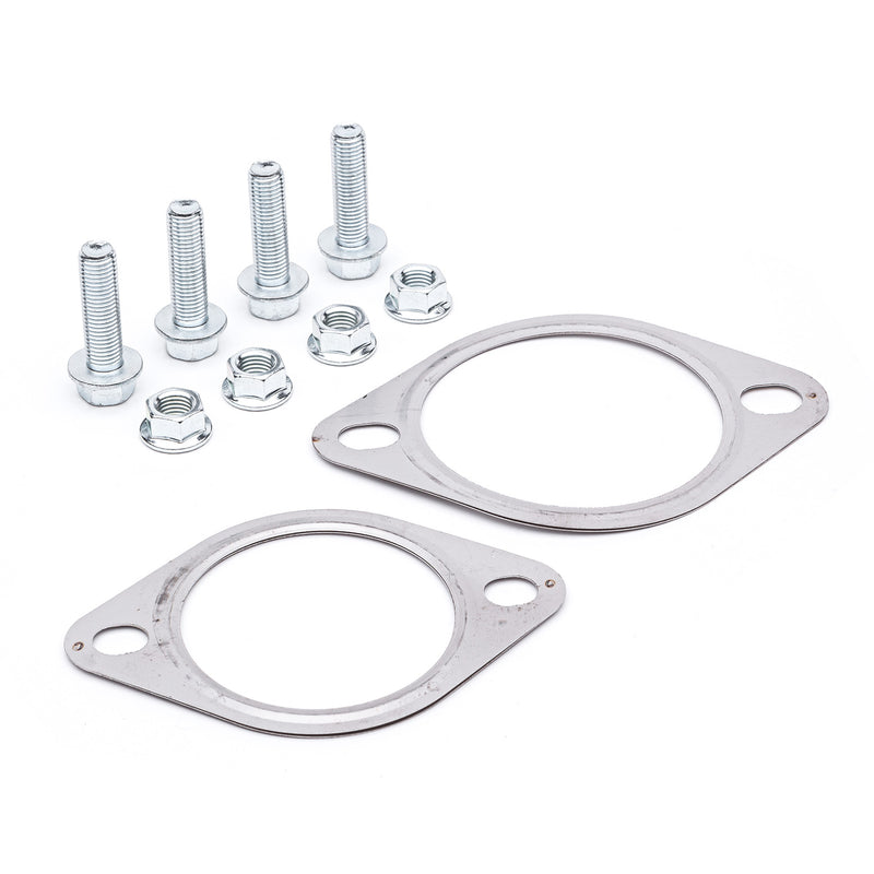 COBB cat-back exhaust hardware kit – Mazda3 MPS BL – two gaskets, four bolts and nuts laid out - Cobb Tuning