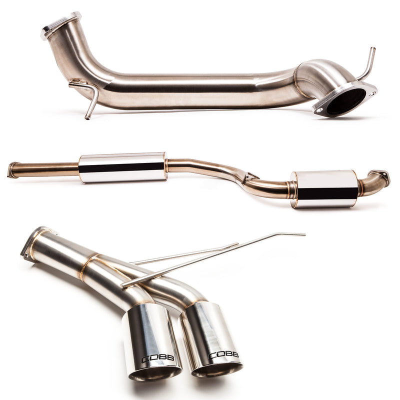 COBB cat-back exhaust – Ford Focus ST – mid-pipe, muffler section and dual-tip section laid out - Cobb Tuning
