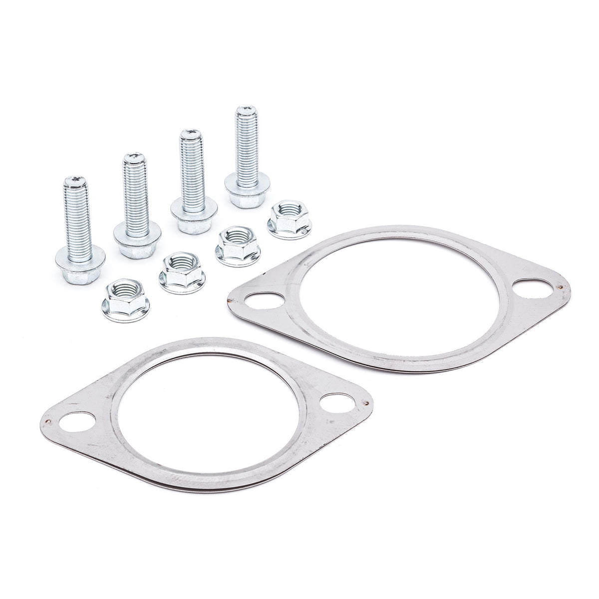 COBB cat-back exhaust hardware kit – Ford Focus RS LZ – two gaskets, four bolts and nuts laid out