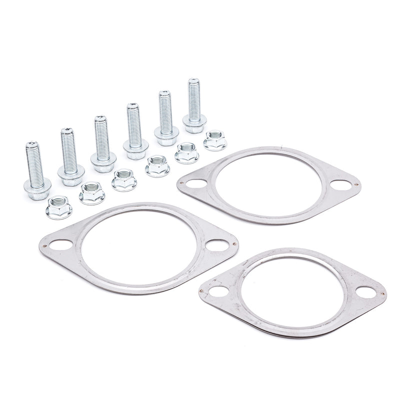 COBB cat-back exhaust hardware kit – Ford Mustang EcoBoost – three gaskets, bolts and nuts laid out - Cobb Tuning