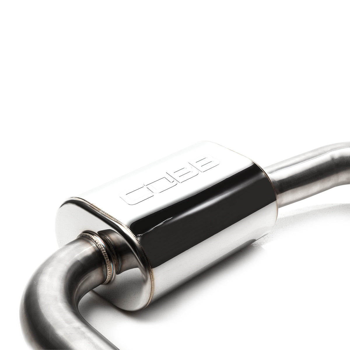 COBB stainless cat-back exhaust – Volkswagen Golf GTI Mk7 – COBB-stamped muffler close-up