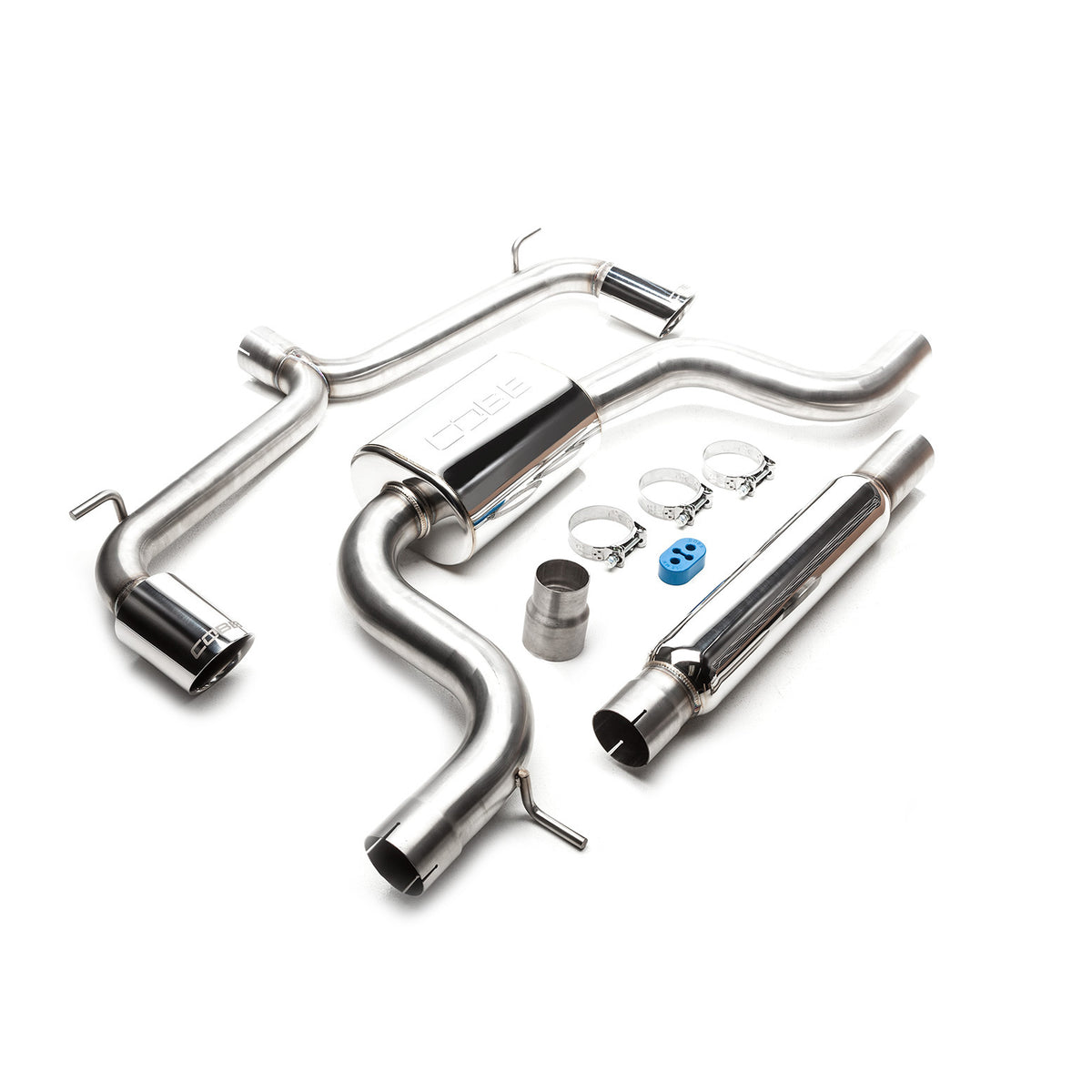 COBB stainless cat-back exhaust – Volkswagen Golf GTI Mk7 – full system, adapter, clamps and hanger laid out