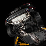 COBB titanium cat-back exhaust – Volkswagen Golf GTI Mk7 – installed, underside view on hoist - Cobb Tuning Thumbnail