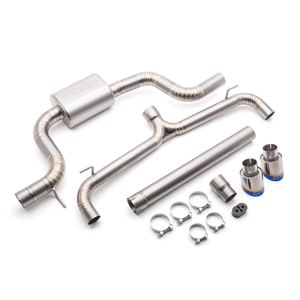 COBB titanium cat-back exhaust – VW Golf GTI Mk8 – full system, tips and clamps laid out