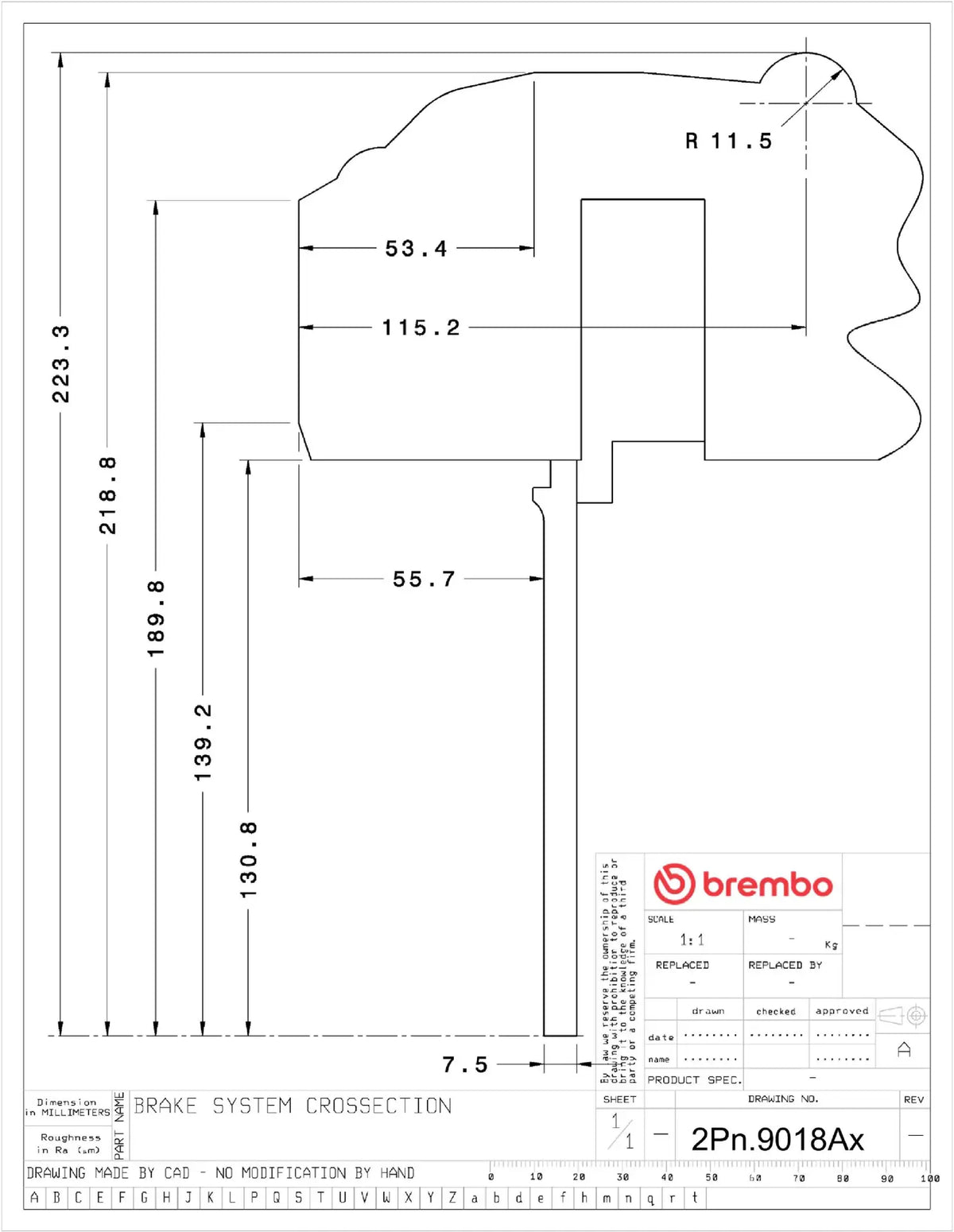 Brembo wheel clearance drawing for the 380mm rear GT kit (2Px.9018)