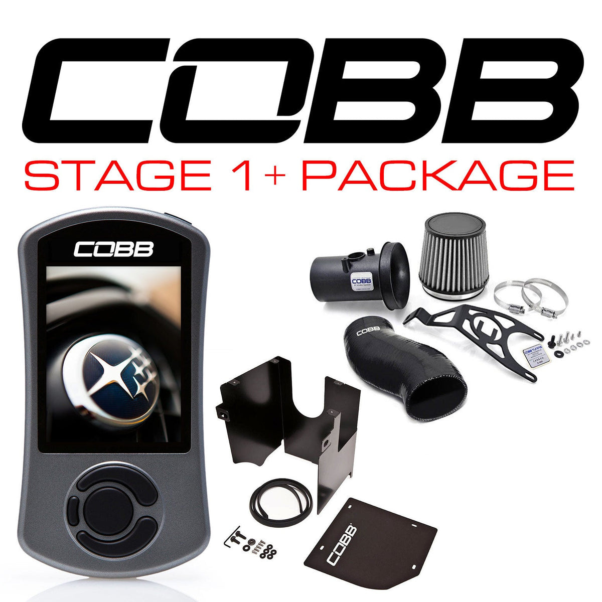 COBB Stage 1+ package – Subaru WRX/STI GE-GV – Accessport and intake parts laid out