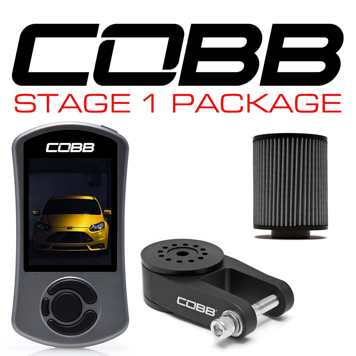 COBB Stage 1 package photo – Ford Focus ST – Accessport, filter and mount (different package)