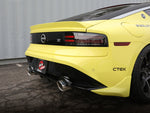 Yellow Nissan Z RZ34 rear three-quarter view showing the aFe polished tips - AFE Power Thumbnail
