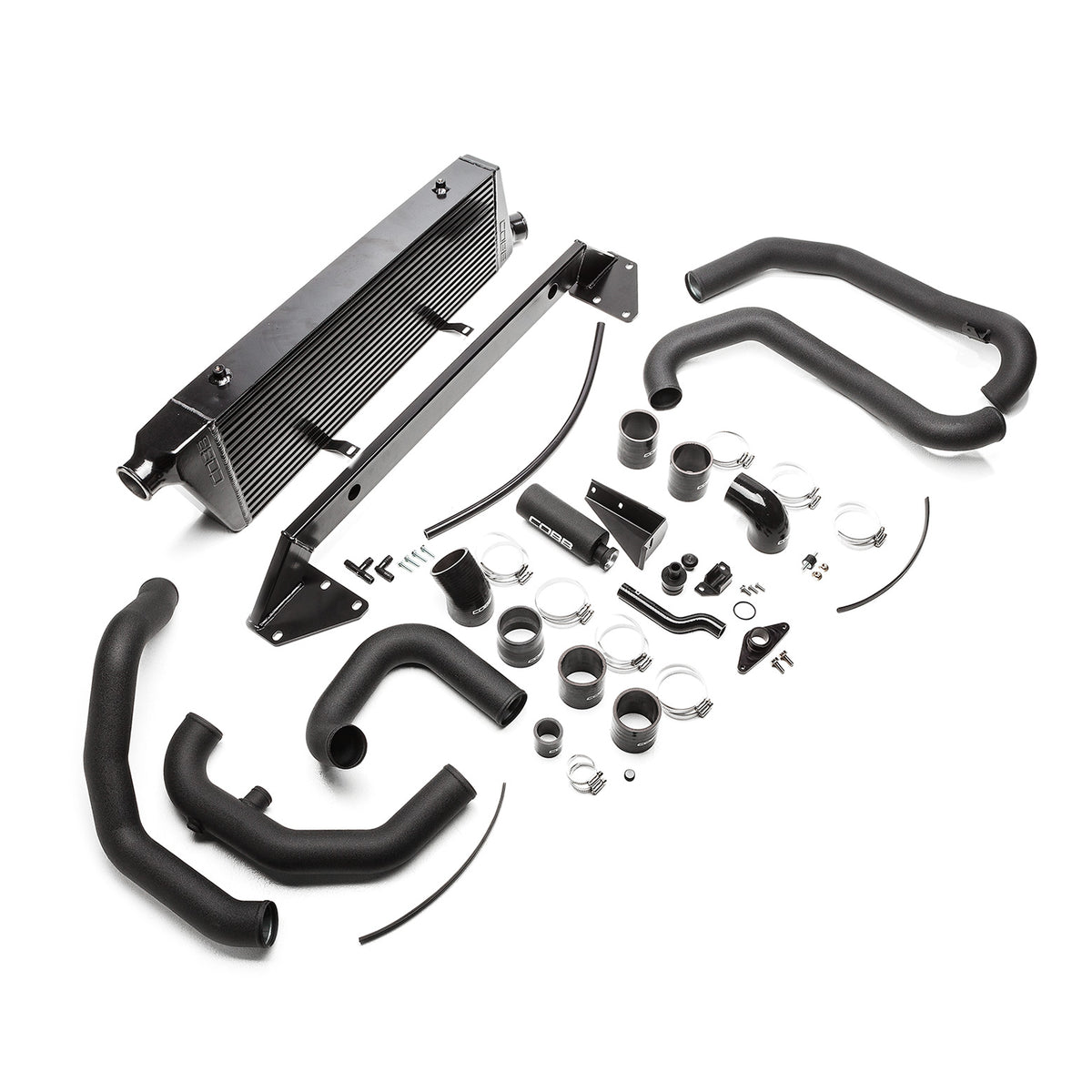 COBB front mount intercooler kit – Subaru Impreza WRX/STI GD – black core, pipes and hardware laid out
