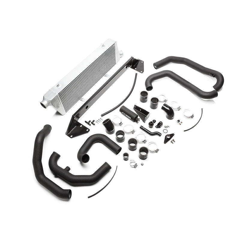 COBB front mount intercooler kit – Subaru Impreza WRX/STI GD – silver core, pipes and hardware laid out - Cobb Tuning