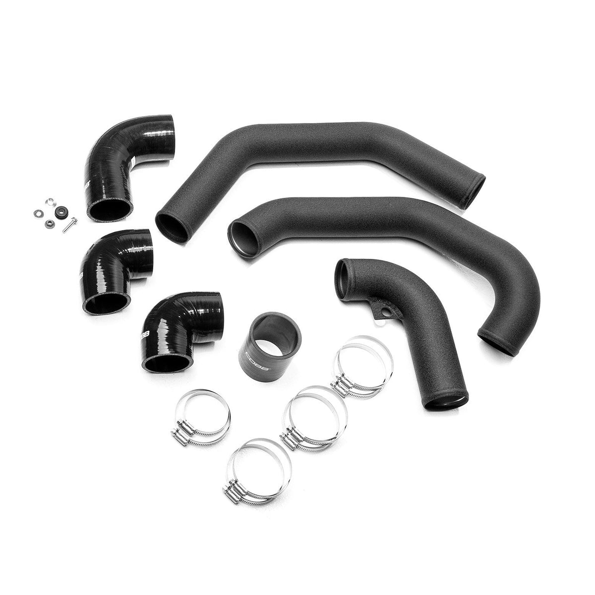 COBB front mount intercooler hot pipe kit – Subaru STI – black pipes, silicone elbows and clamps laid out