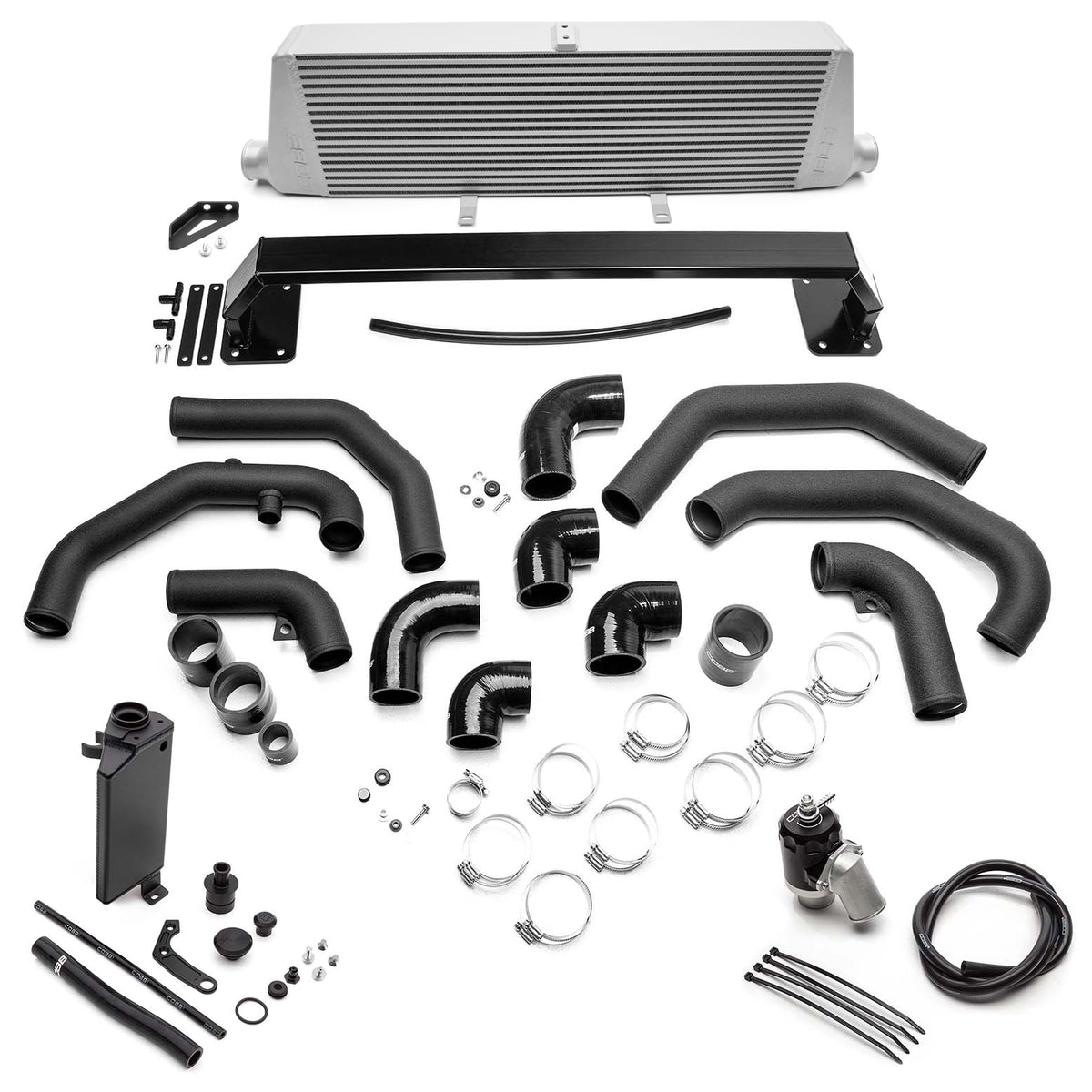 COBB front mount intercooler kit – Subaru Impreza WRX STI 2011-2014 – silver core, pipes, BPV and tank laid out