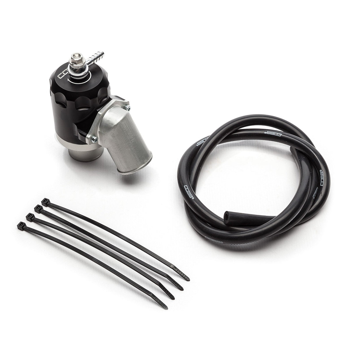 COBB universal LF bypass valve – black and silver valve with vacuum hose and cable ties