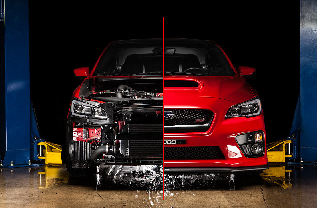 COBB front mount intercooler cold pipe kit – Subaru WRX STI VA – split view of the front mount setup installed