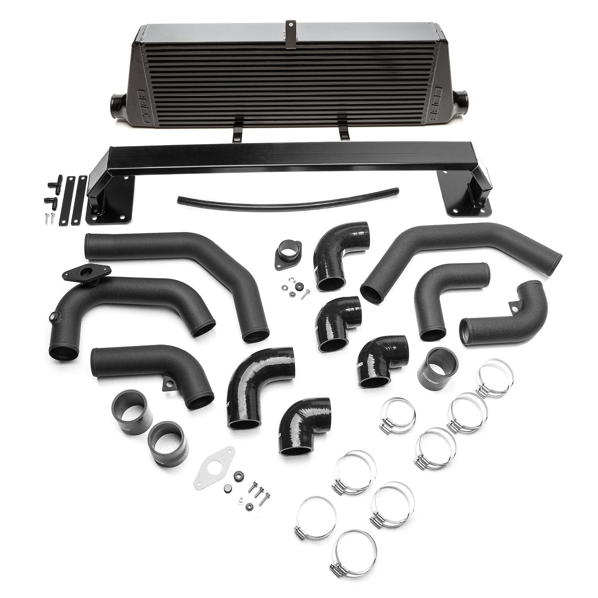 COBB front mount intercooler kit – Subaru Impreza WRX 2011-2014 – black core, pipes and couplers laid out