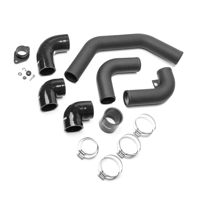 COBB front mount intercooler hot pipes – Subaru Impreza WRX GR – black pipes, silicone elbows and clamps laid out - Cobb Tuning