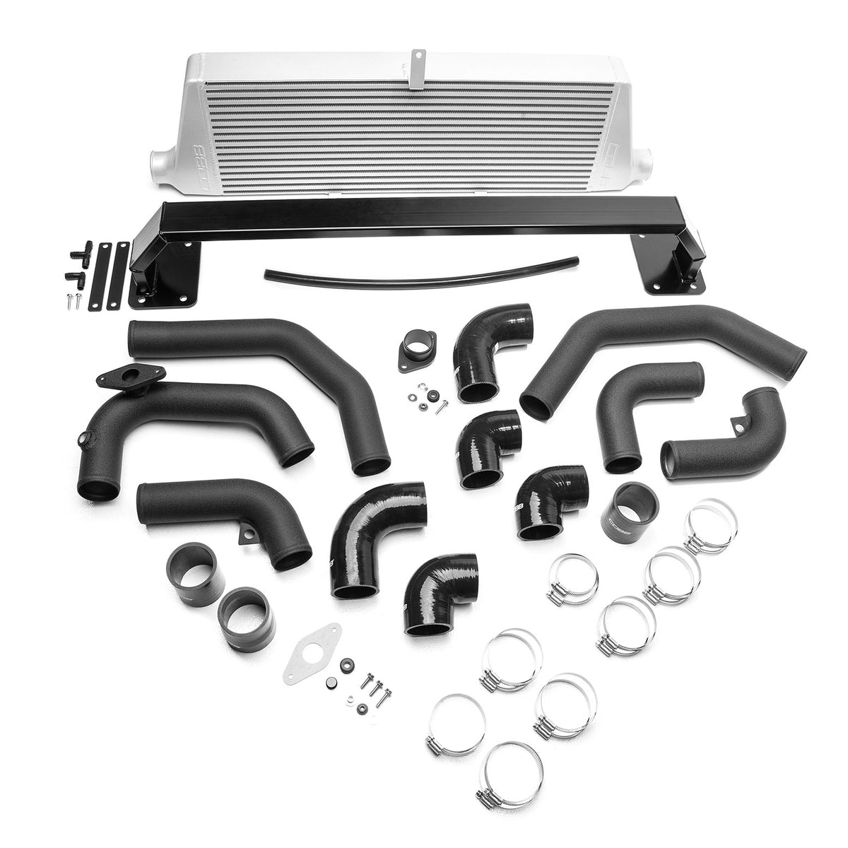 COBB front mount intercooler kit – Subaru Impreza WRX 2011-2014 – silver core, pipes and couplers laid out