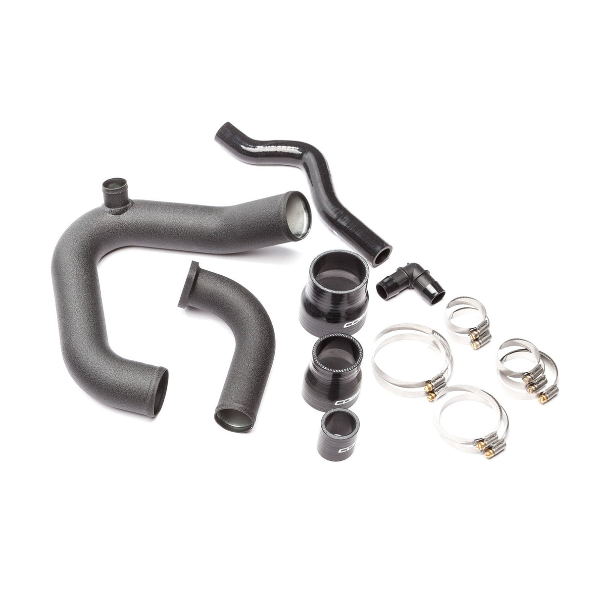 COBB front mount intercooler hot pipe kit – Subaru WRX VA – black pipes, couplers and clamps laid out