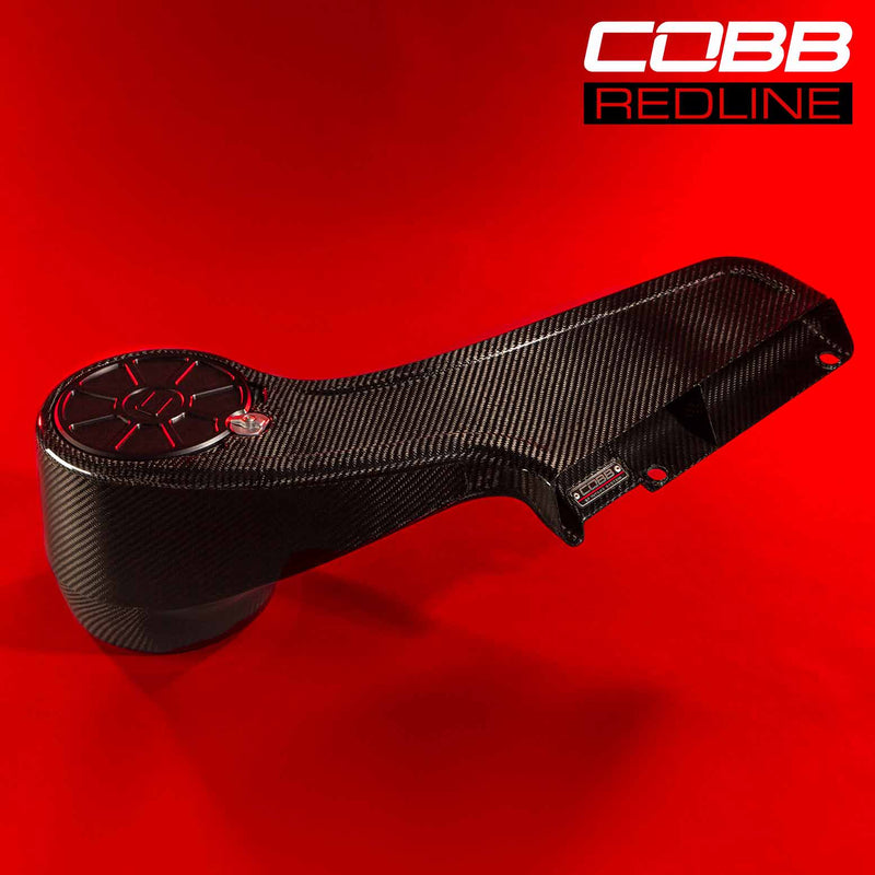 COBB Redline carbon fibre intake – Subaru WRX VA – carbon airbox on red background - Cobb Tuning