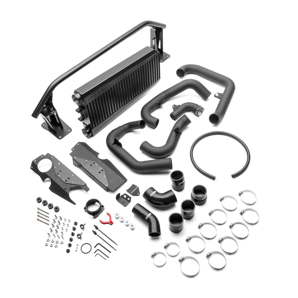 COBB front mount intercooler kit – Subaru WRX VB – black core, piping, crash bar and hardware laid out
