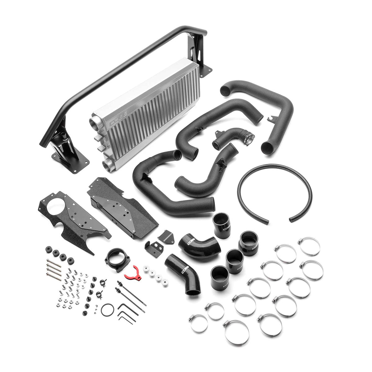 COBB front mount intercooler kit – Subaru WRX VB – silver core, piping, crash bar and hardware laid out