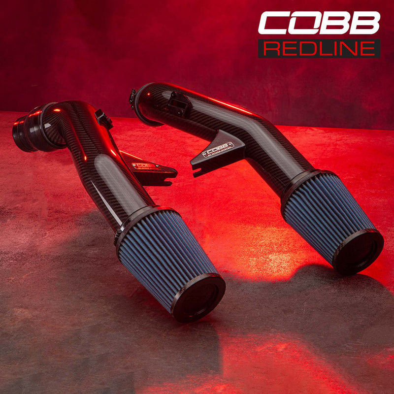 COBB Redline carbon Big SF intake – Nissan GT-R R35 – both carbon tubes with filters, red studio light - Cobb Tuning