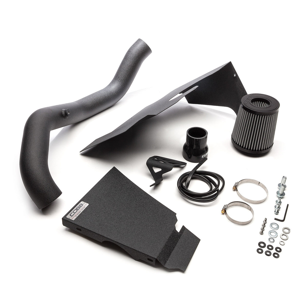 COBB SF intake – Ford Mustang EcoBoost – airbox, intake tube, filter and hardware laid out