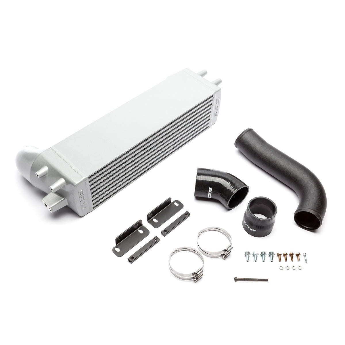 COBB front mount intercooler – Ford Mustang EcoBoost – core, pipe, couplers and hardware laid out
