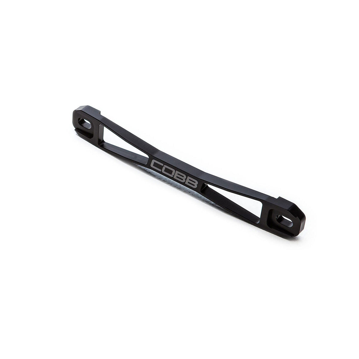 COBB battery tie down – Subaru – black billet bar with COBB logo, angled view