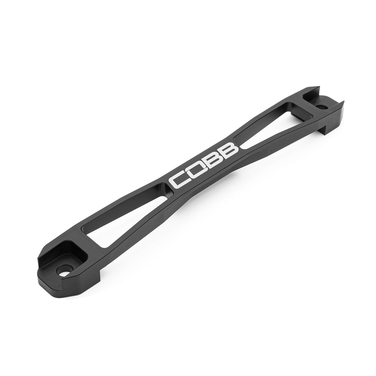 COBB battery tie down – Subaru WRX, STI and BRZ – black billet bar three-quarter view