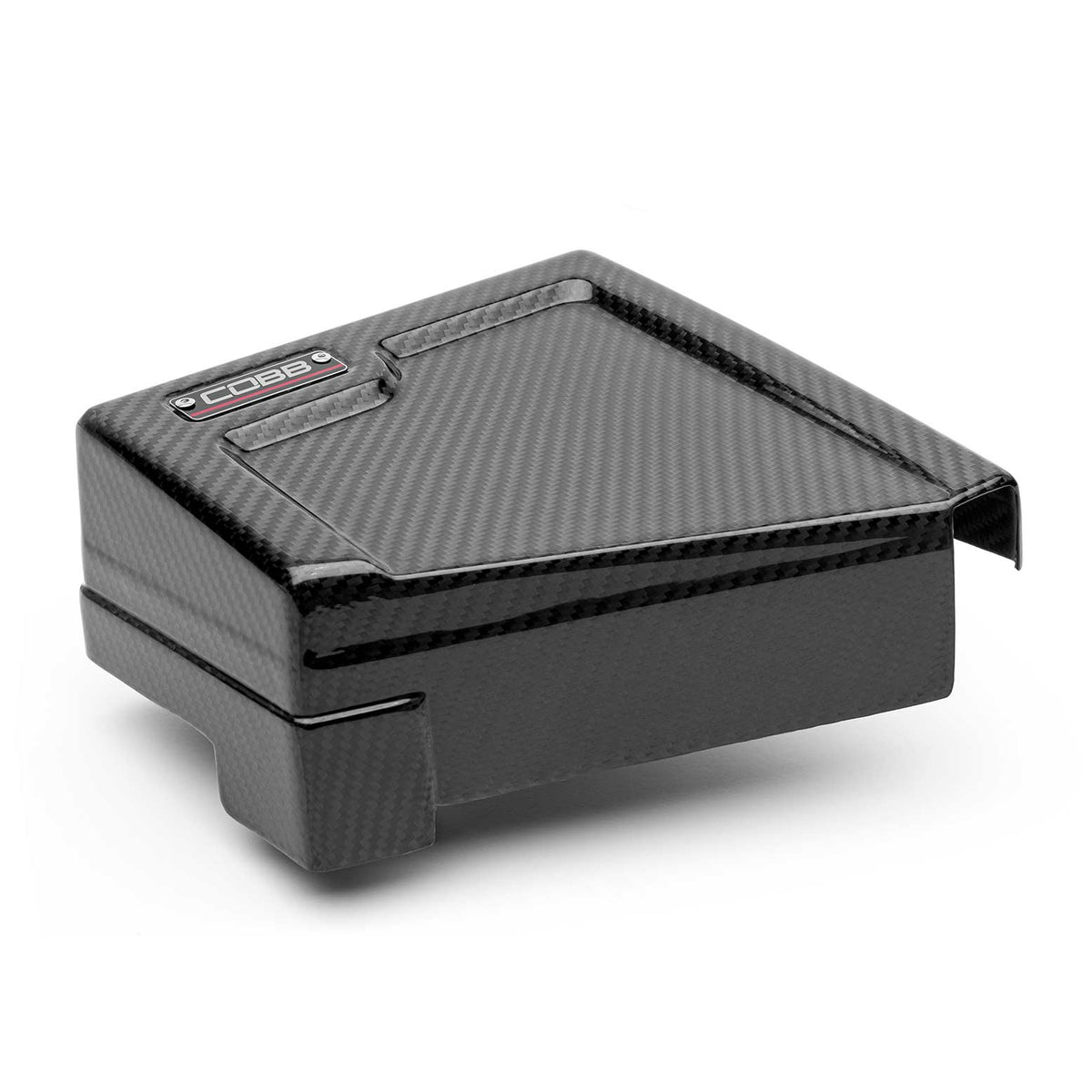 COBB Redline carbon fibre fuse cover – Subaru WRX VB – battery-side cover, angled view
