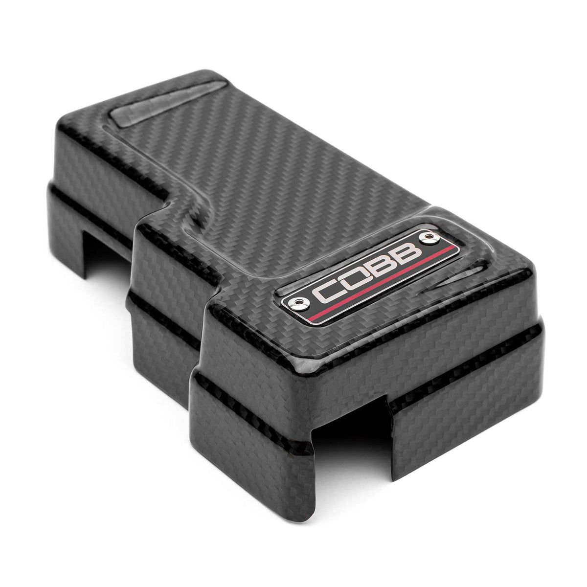 COBB Redline carbon fibre fuse cover – Subaru WRX VB – angled view of gloss twill cover