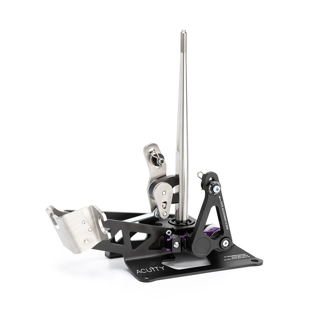 ACUITY 2-way adjustable shifter, DC5 Integra / K-swap – front three-quarter view with stainless lever