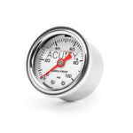 ACUITY 100 psi fuel pressure gauge, universal, polished stainless – three-quarter view of the face and case - Acuity Thumbnail