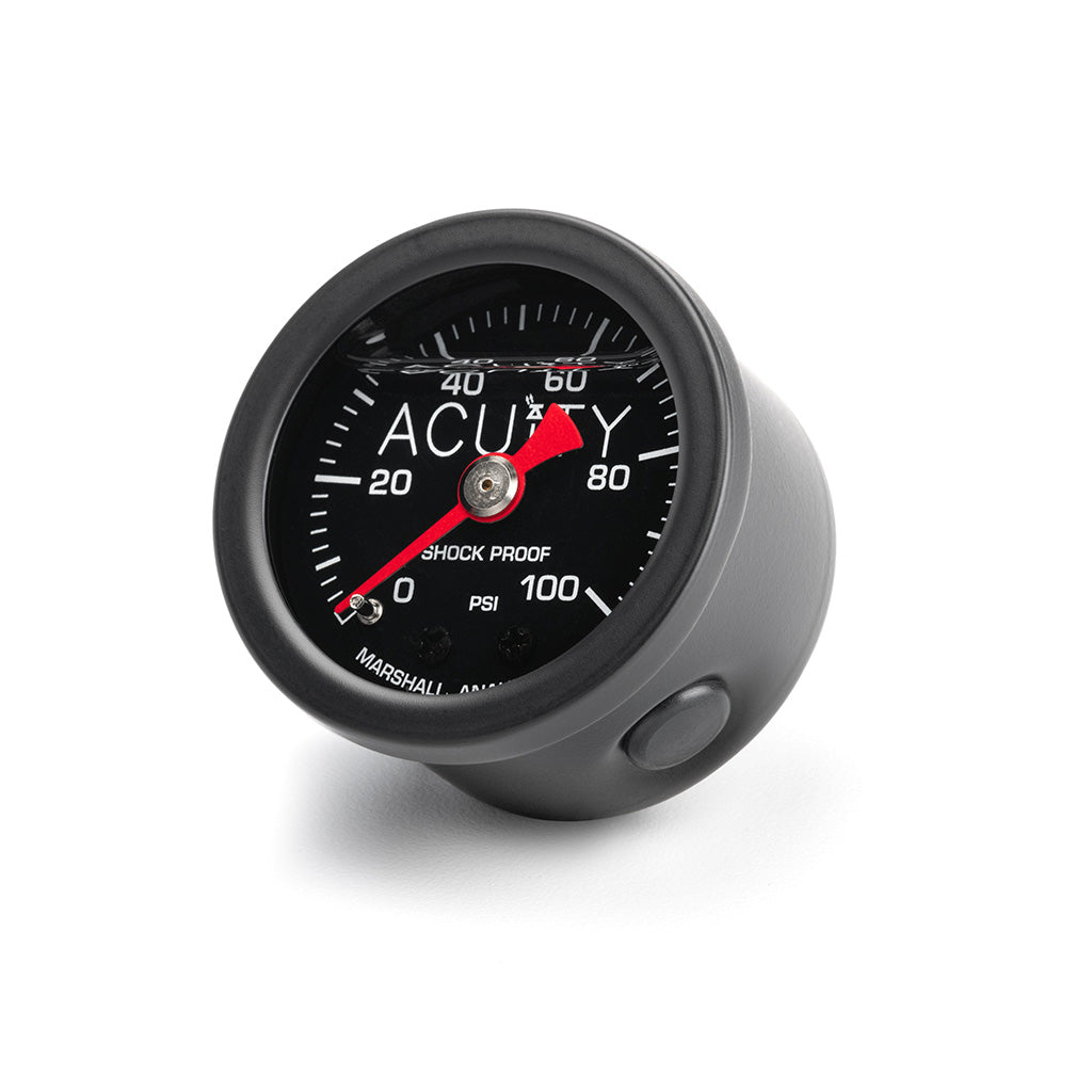 ACUITY 100 psi fuel pressure gauge, universal, satin black – three-quarter view of the face and case