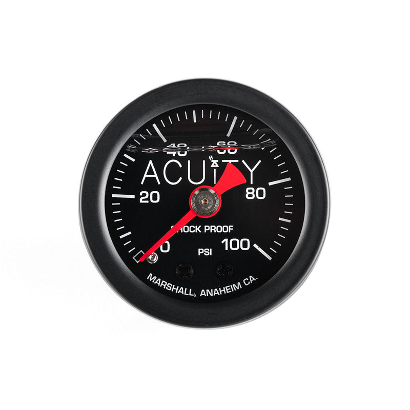 ACUITY 100 psi fuel pressure gauge, universal, satin black – front view of the gauge face - Acuity