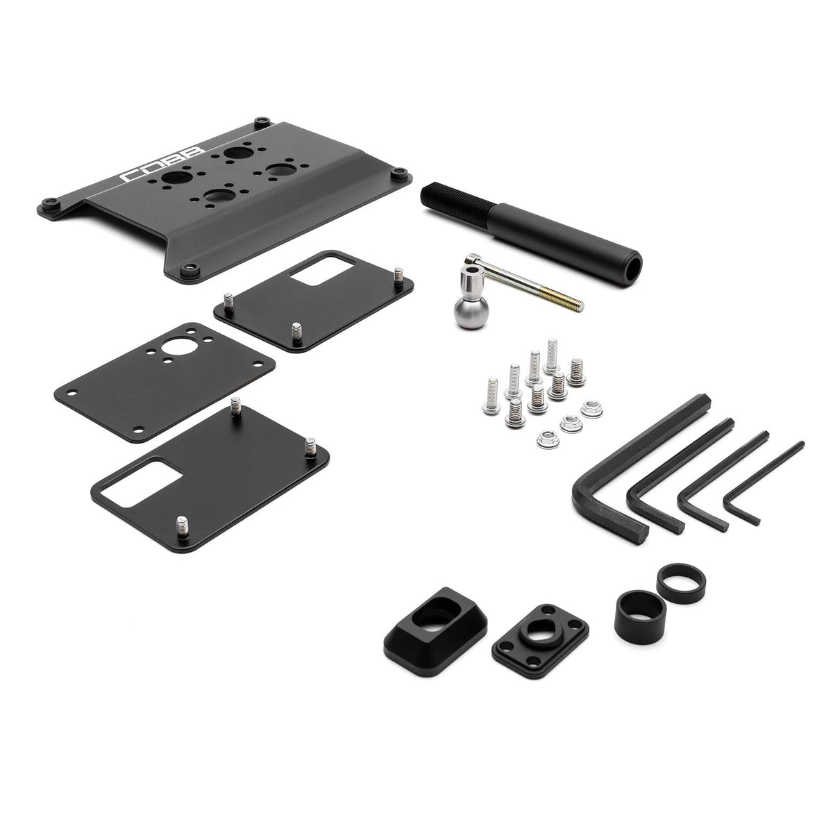 COBB number plate relocation mount – Subaru WRX, BRZ and 86 – kit contents laid out