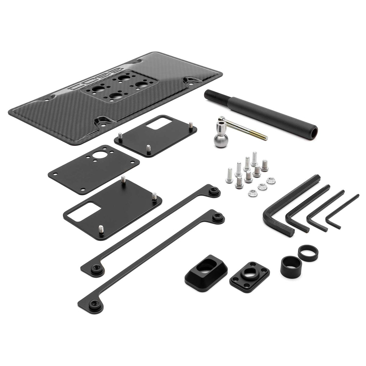 COBB Redline carbon number plate relocation mount – Subaru Impreza WRX/STI – kit contents laid out