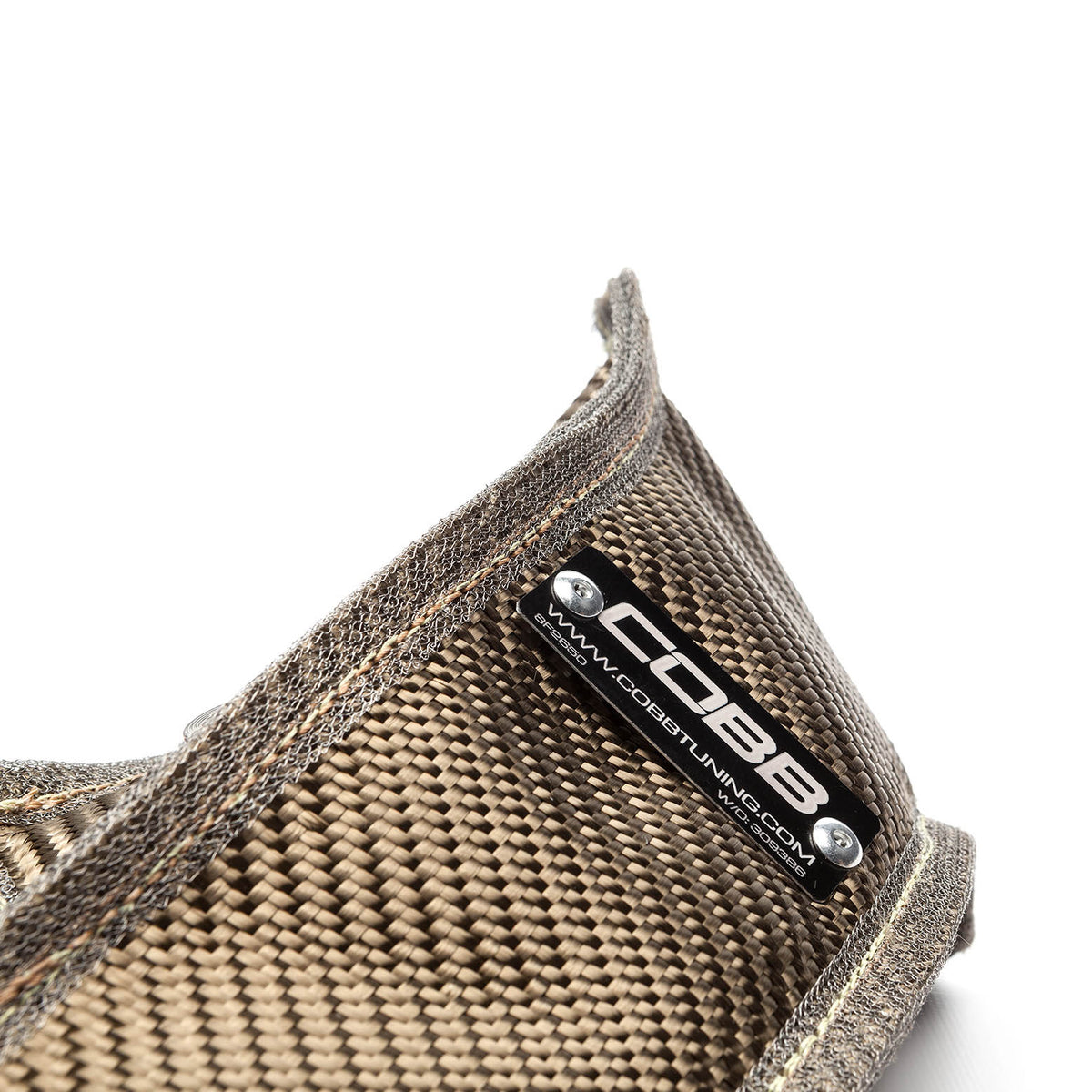 COBB turbo blanket – Ford 2.3L EcoBoost – woven outer layer and COBB tag close-up