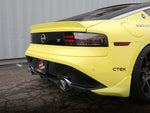 Yellow Nissan Z RZ34 rear three-quarter view showing the aFe carbon fibre tips - AFE Power Thumbnail