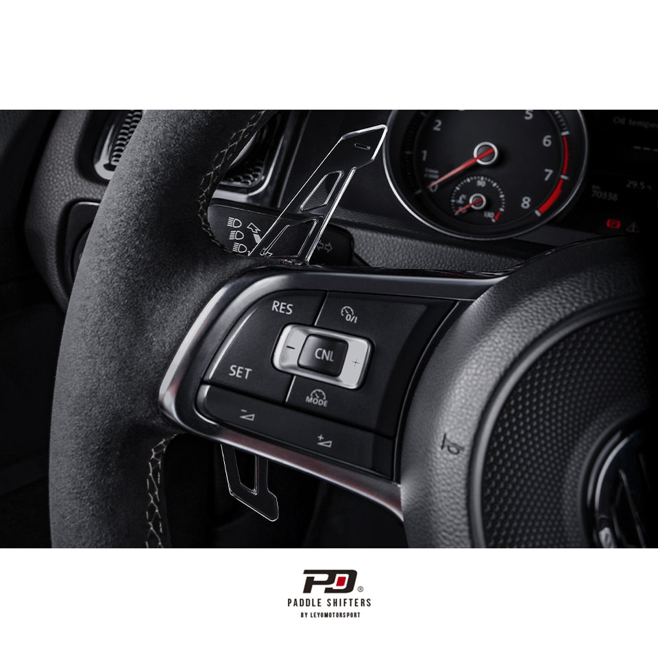 LEYO clear paddle shift extension – fitted behind VW Golf GTI Mk7 wheel