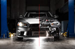 AMS front mount intercooler – Mitsubishi Lancer Evolution X – split view of the car showing the core fitted, bumper off - Cobb Tuning Thumbnail