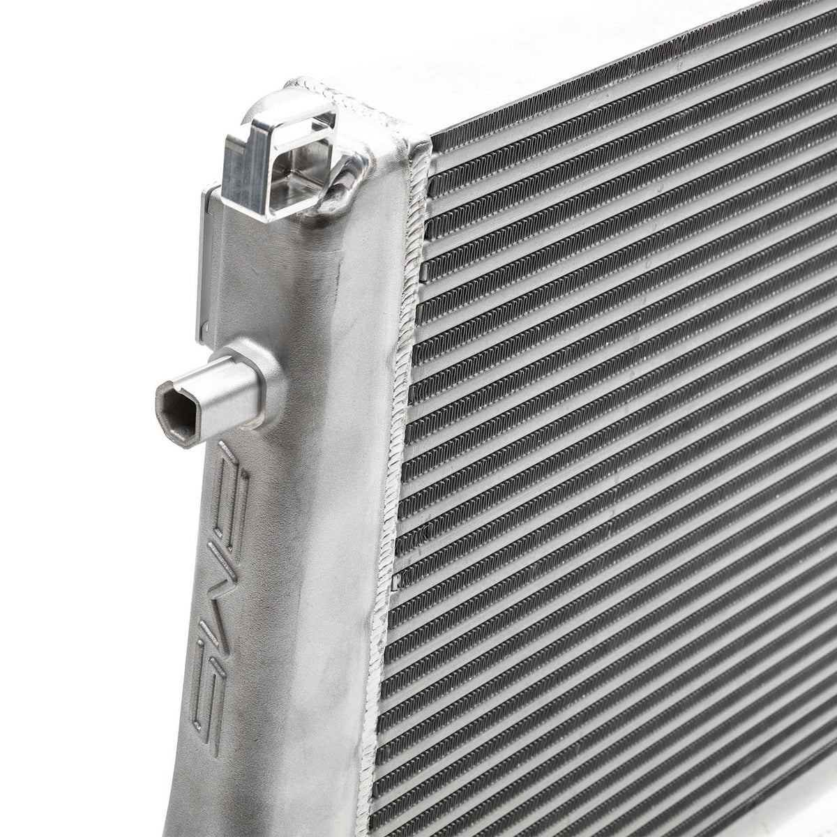 AMS front mount intercooler – VW Golf GTI/R Mk7 – cast end tank with AMS logo close-up