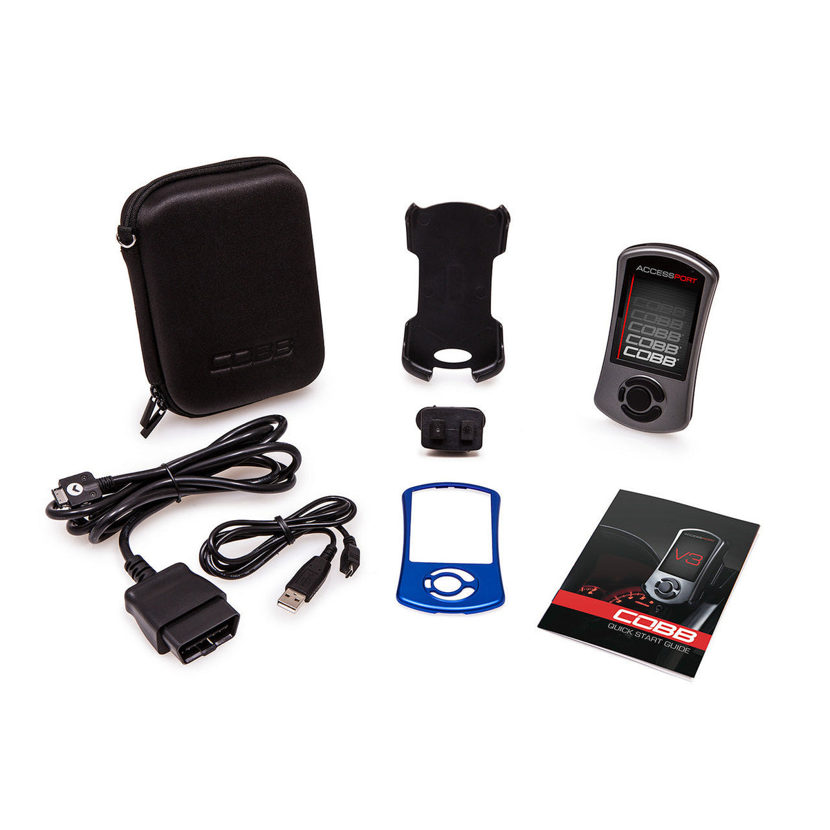 COBB Accessport V3 – kit with case, window mount, OBD cable, blue faceplate and guide (product illustration)