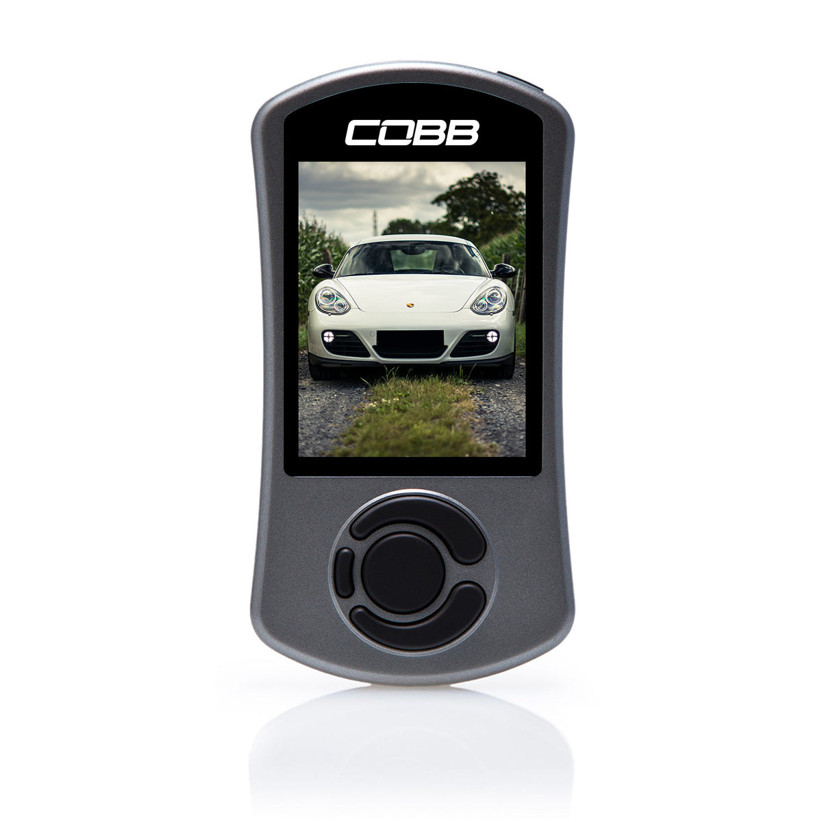 COBB Accessport V3 – white Porsche Cayman shown on the start screen, front view