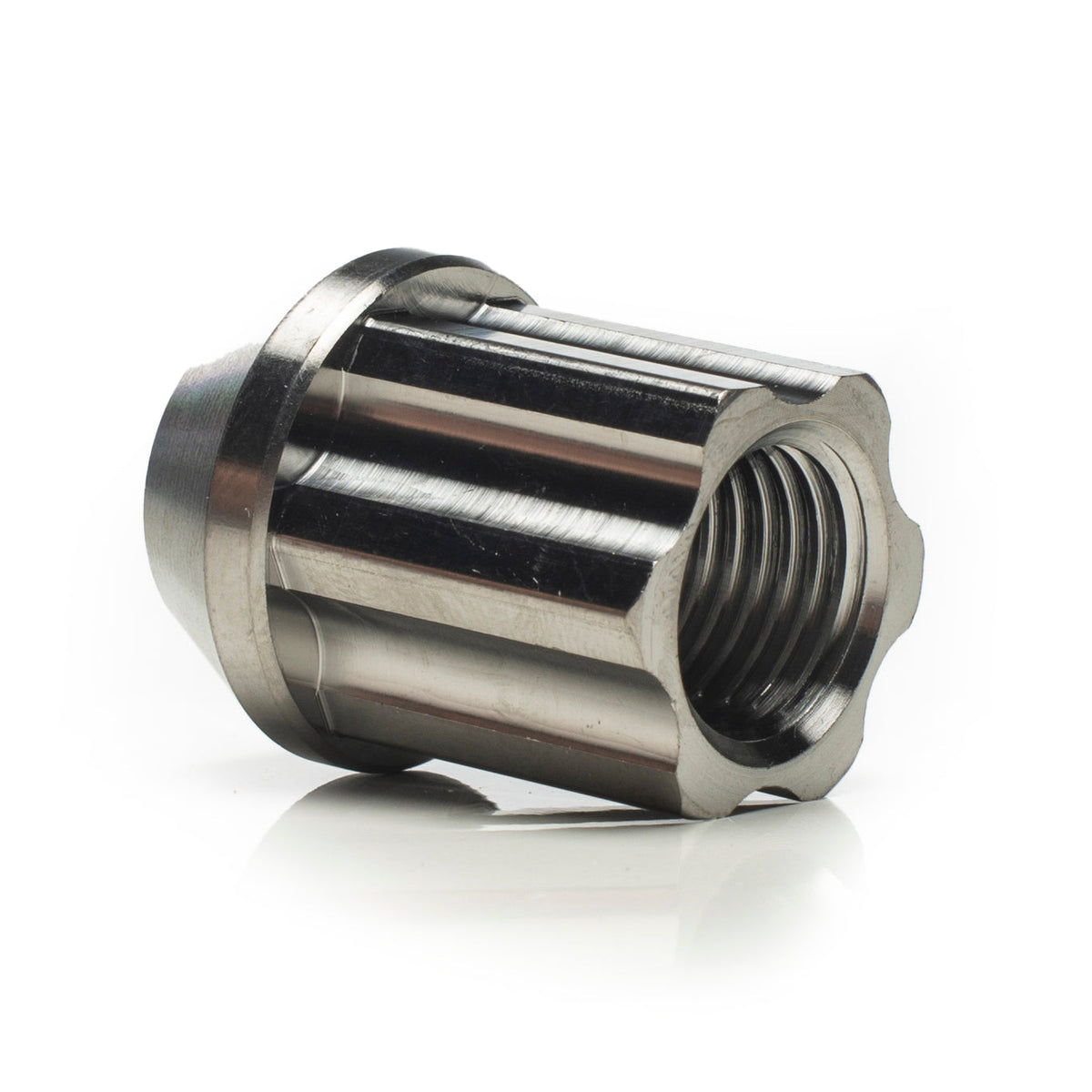 Single Titan 7 O.W.L forged titanium race nut in raw titanium with machined side slots
